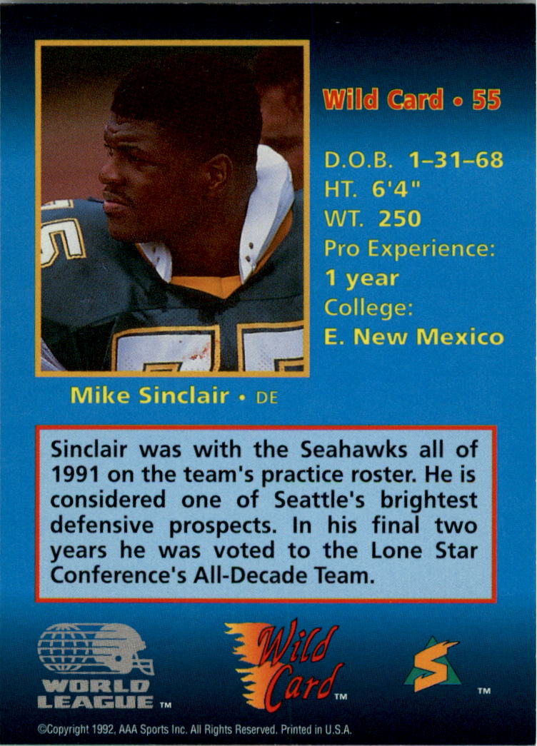 1992 Wild Card WLAF 5 Stripe #55 Michael Sinclair back image