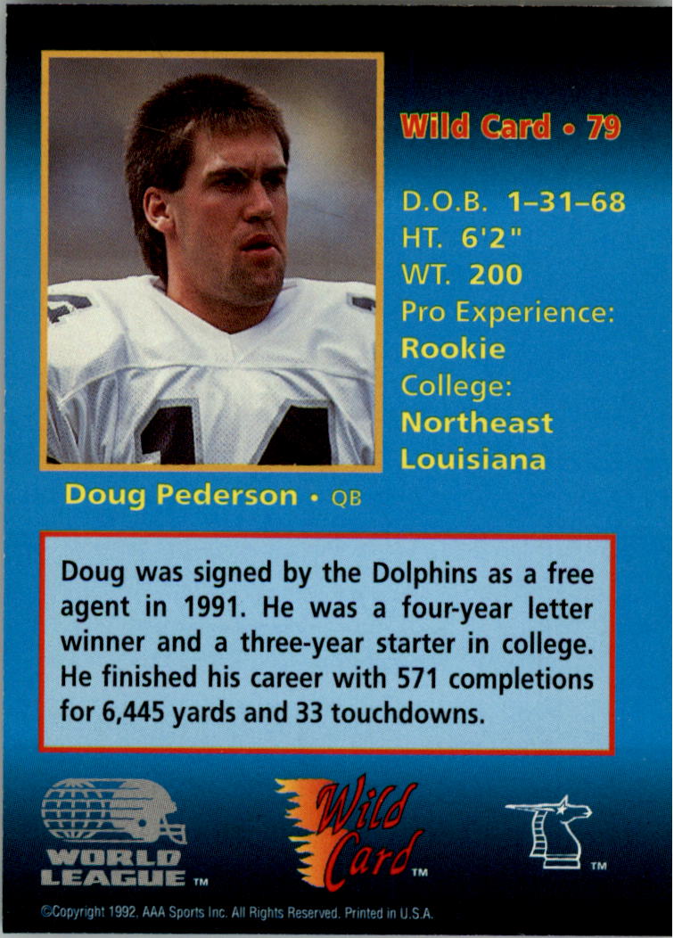 1992 Wild Card WLAF 5 Stripe #79 Doug Pederson back image