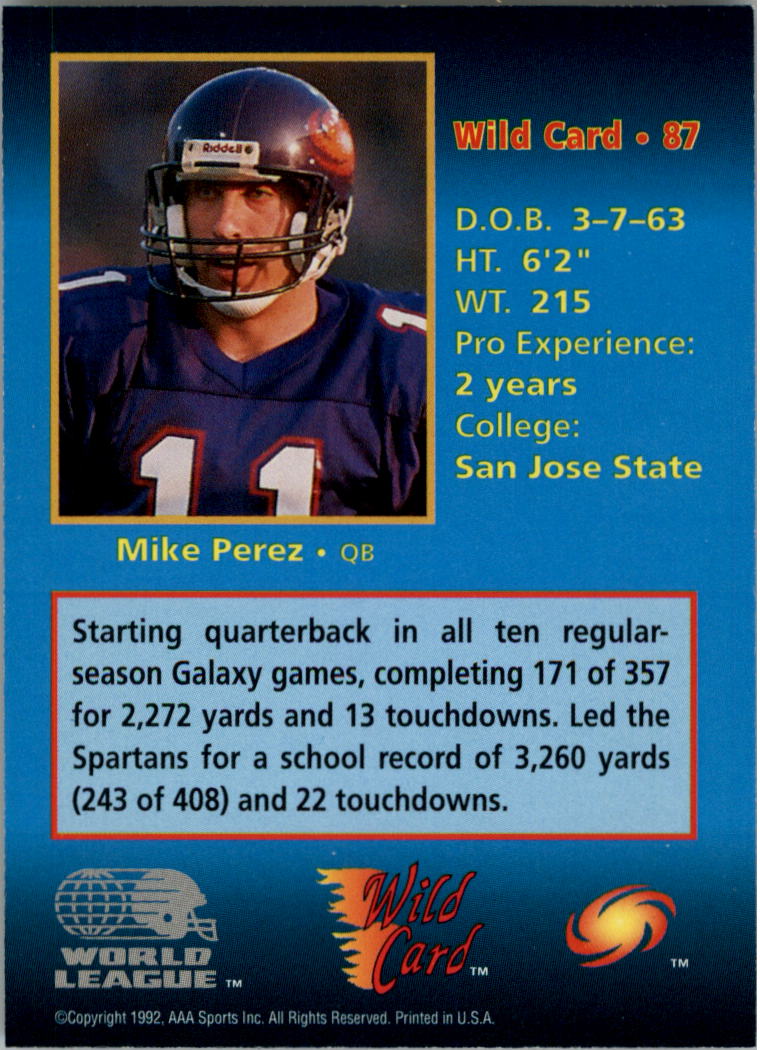 1992 Wild Card WLAF 5 Stripe #87 Mike Perez back image
