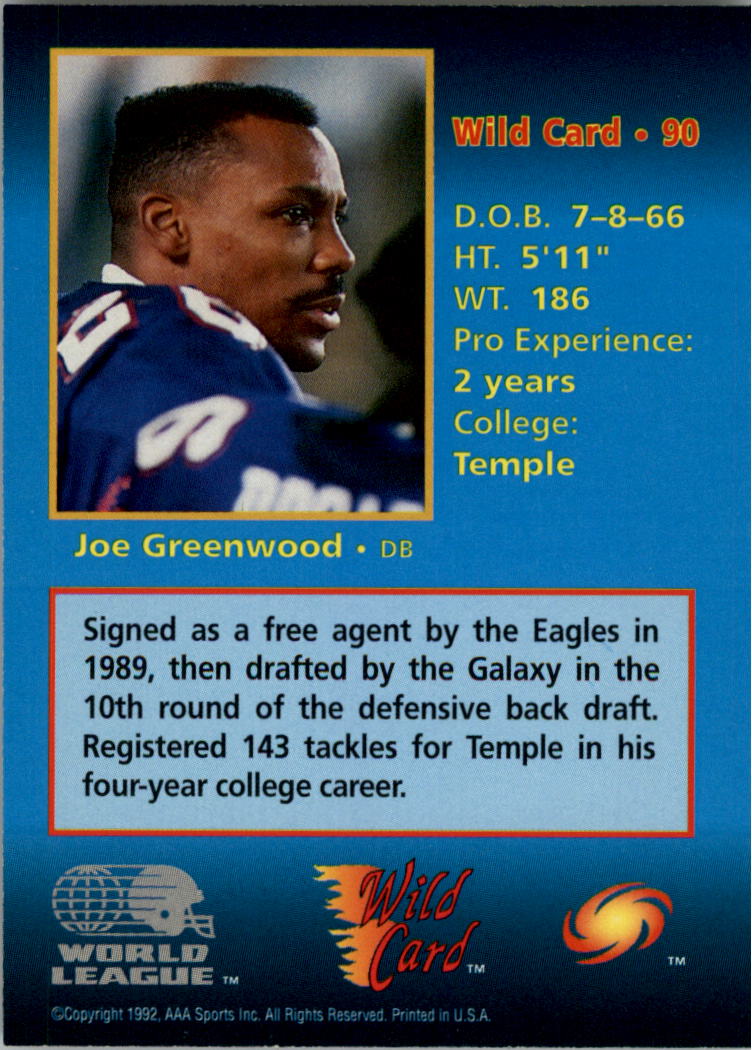 1992 Wild Card WLAF 5 Stripe #90 Joe Greenwood back image
