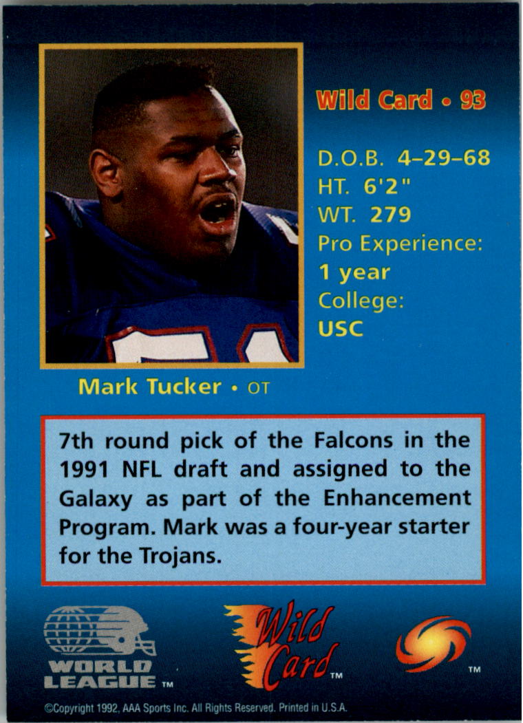 1992 Wild Card WLAF 5 Stripe #93 Mark Tucker back image