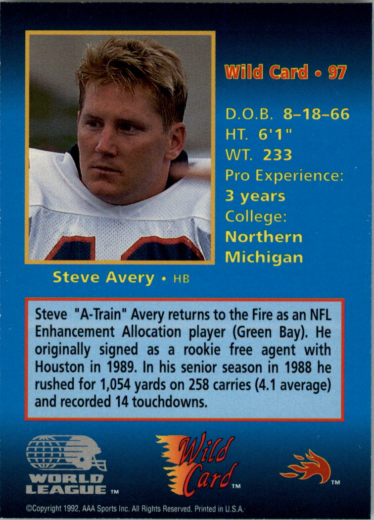 1992 Wild Card WLAF 5 Stripe #97 Steven Avery back image