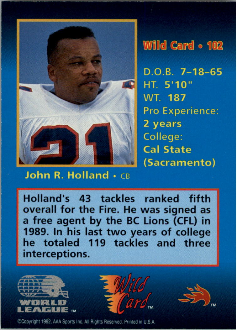 1992 Wild Card WLAF 5 Stripe #102 John R. Holland back image