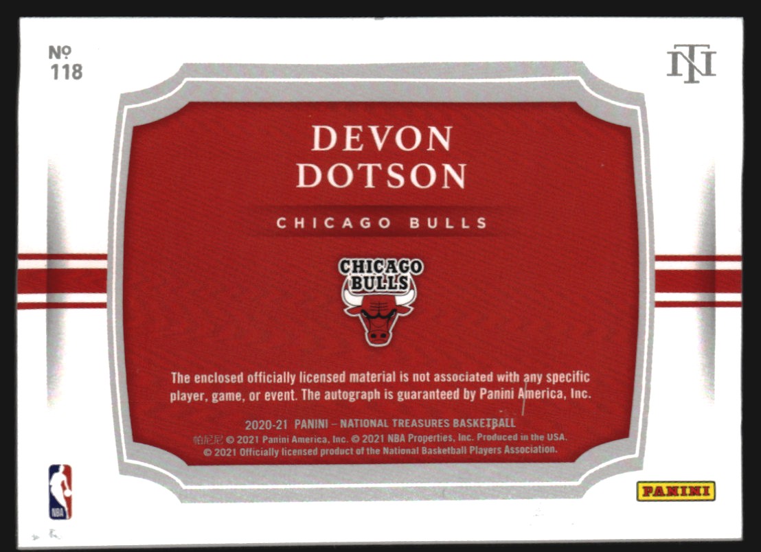2020-21 Panini National Treasures Rookie Patch Autographs Horizontal #118 Devon Dotson/75