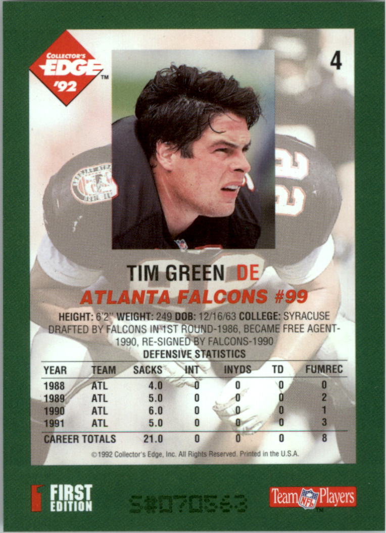 1992 Collector's Edge #4 Tim Green back image