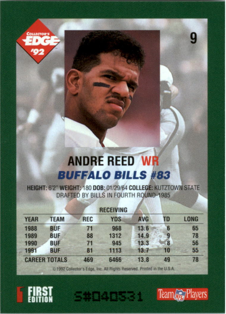 1992 Collector's Edge #9 Andre Reed back image