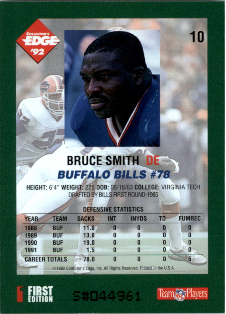 1992 Collector's Edge #10 Bruce Smith back image