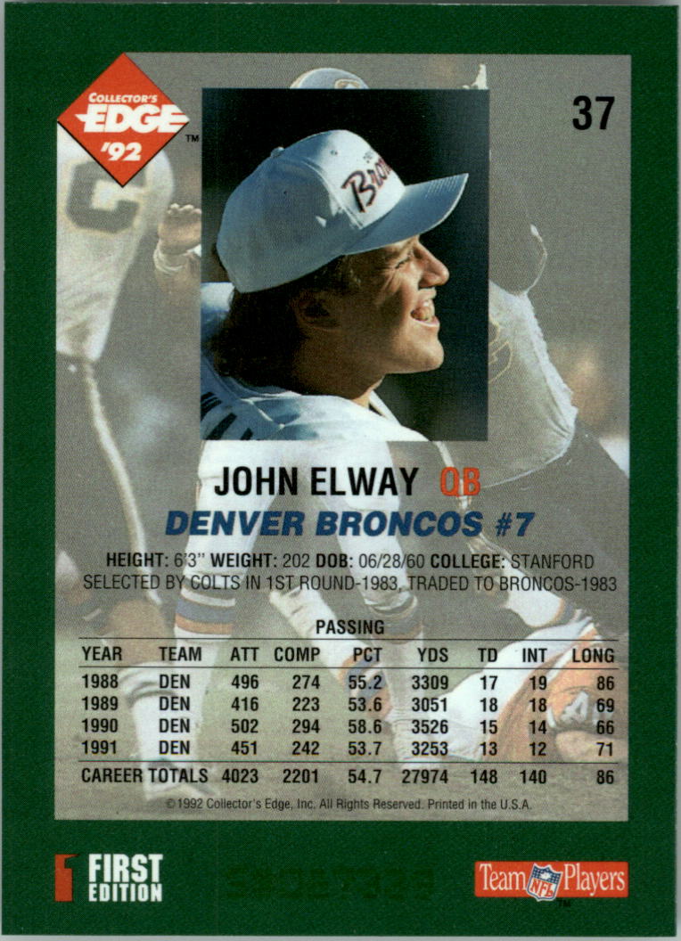 1992 Collector's Edge #37 John Elway back image