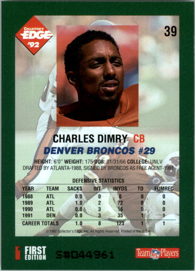 1992 Collector's Edge #39 Charles Dimry back image