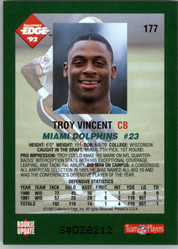 1992 Collector's Edge #177 Troy Vincent RC back image