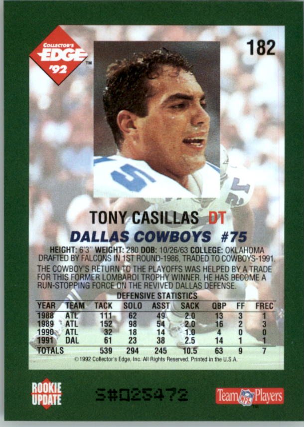 1992 Collector's Edge #182 Tony Casillas back image