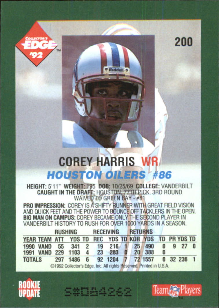 1992 Collector's Edge #200 Corey Harris RC back image