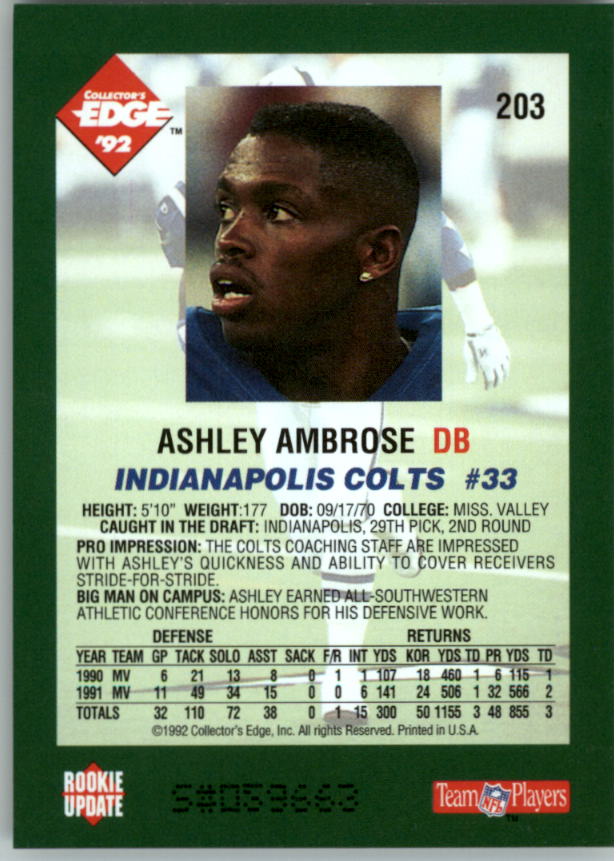1992 Collector's Edge #203 Ashley Ambrose RC back image
