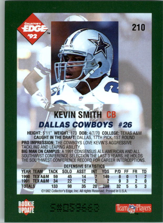 1992 Collector's Edge #210 Kevin Smith RC back image