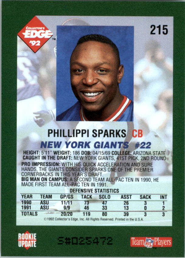 1992 Collector's Edge #215 Phillippi Sparks RC back image