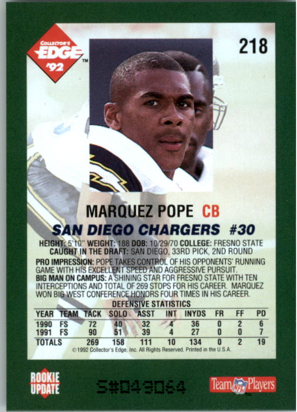 1992 Collector's Edge #218 Marquez Pope RC back image
