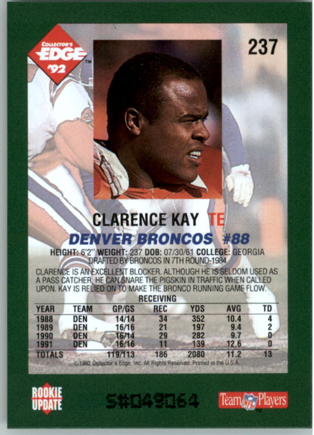 1992 Collector's Edge #237 Clarence Kay back image