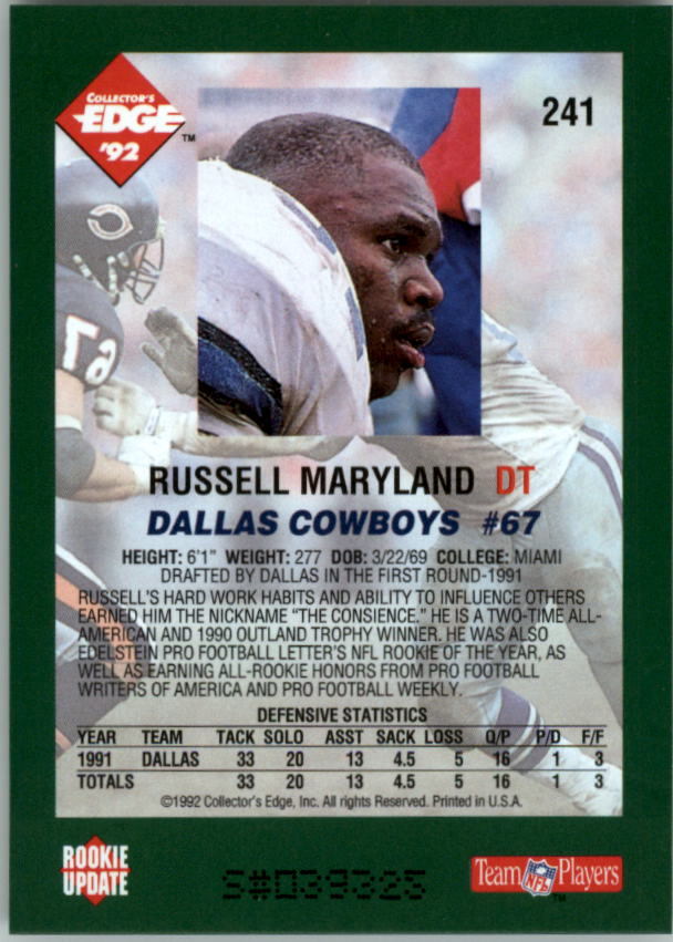 1992 Collector's Edge #241 Russell Maryland back image