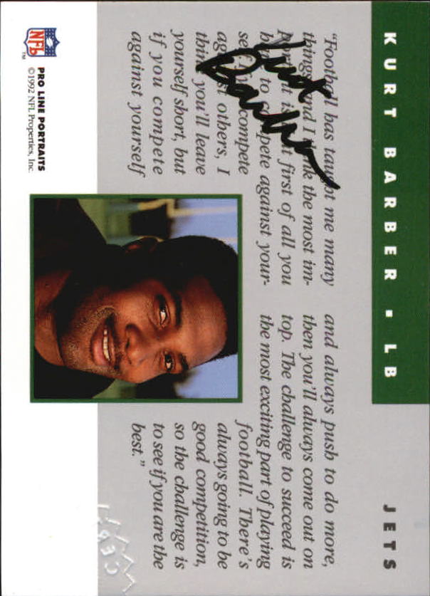 1992 Pro Line Portraits Autographs #1 Kurt Barber back image
