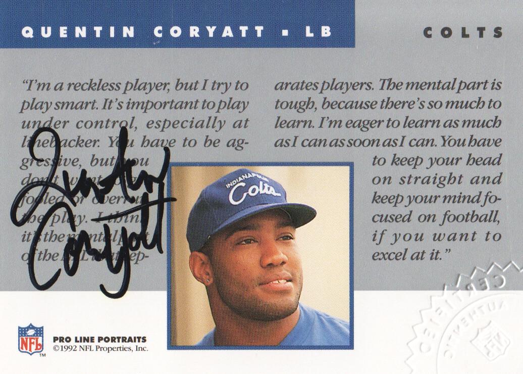 1992 Pro Line Portraits Autographs #25 Quentin Coryatt