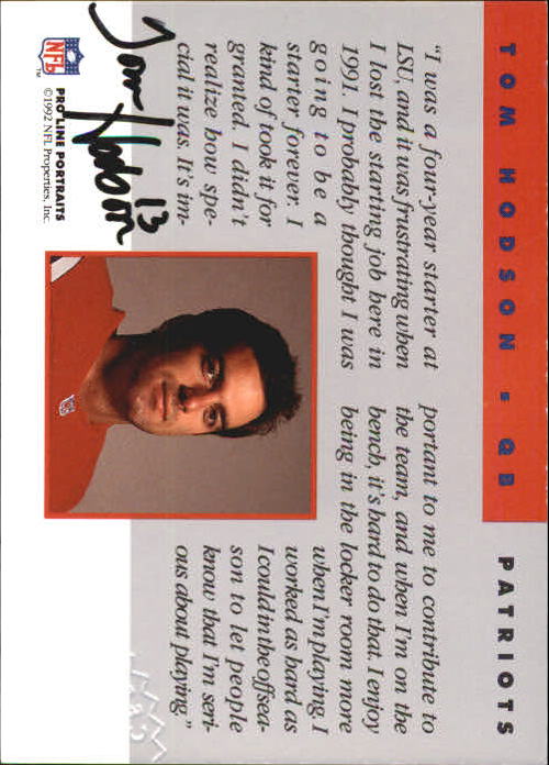 1992 Pro Line Portraits Autographs #69 Tommy Hodson back image