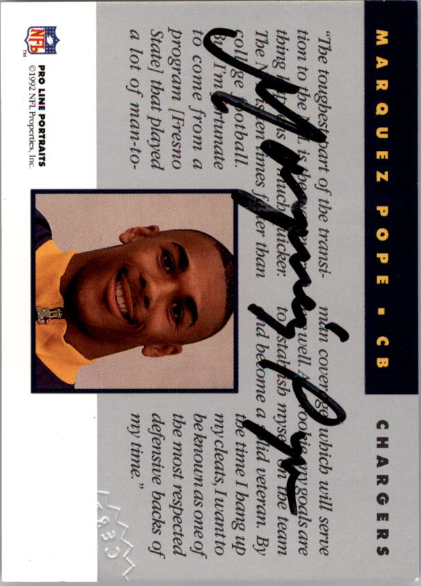 1992, Marquez Pope, San Diego Chargers, Signed, Autographed, Pro Set Football Card, Card # 641, 1992, Marquez Pope, San Diego Chargers, Signed, Autographed, Pro Set Football Card, Card # 641,