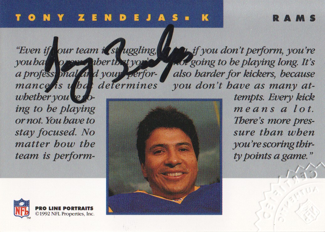 1992 Pro Line Portraits Autographs #162 Tony Zendejas