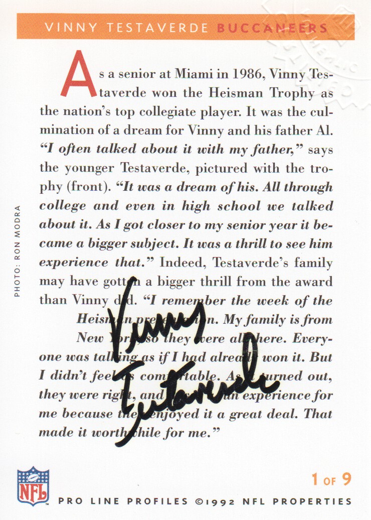 1992 Pro Line Profiles Autographs #55 Vinny Testaverde