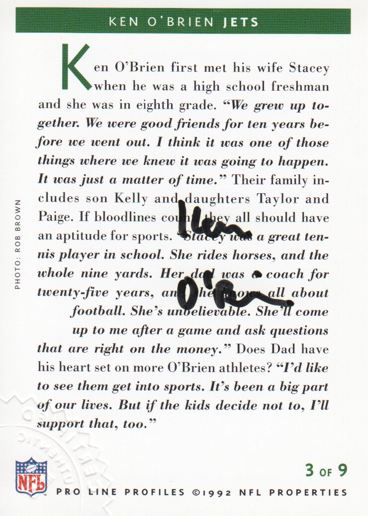 1992 Pro Line Profiles Autographs #309 Ken O'Brien