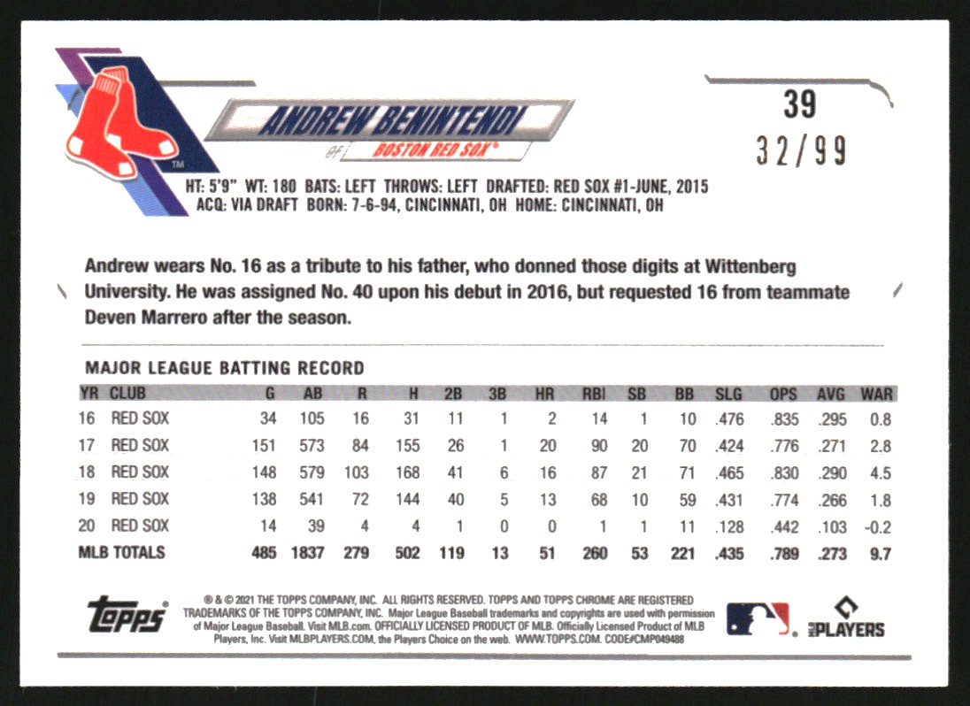 2021 Topps Chrome Green Refractors #39 Andrew Benintendi