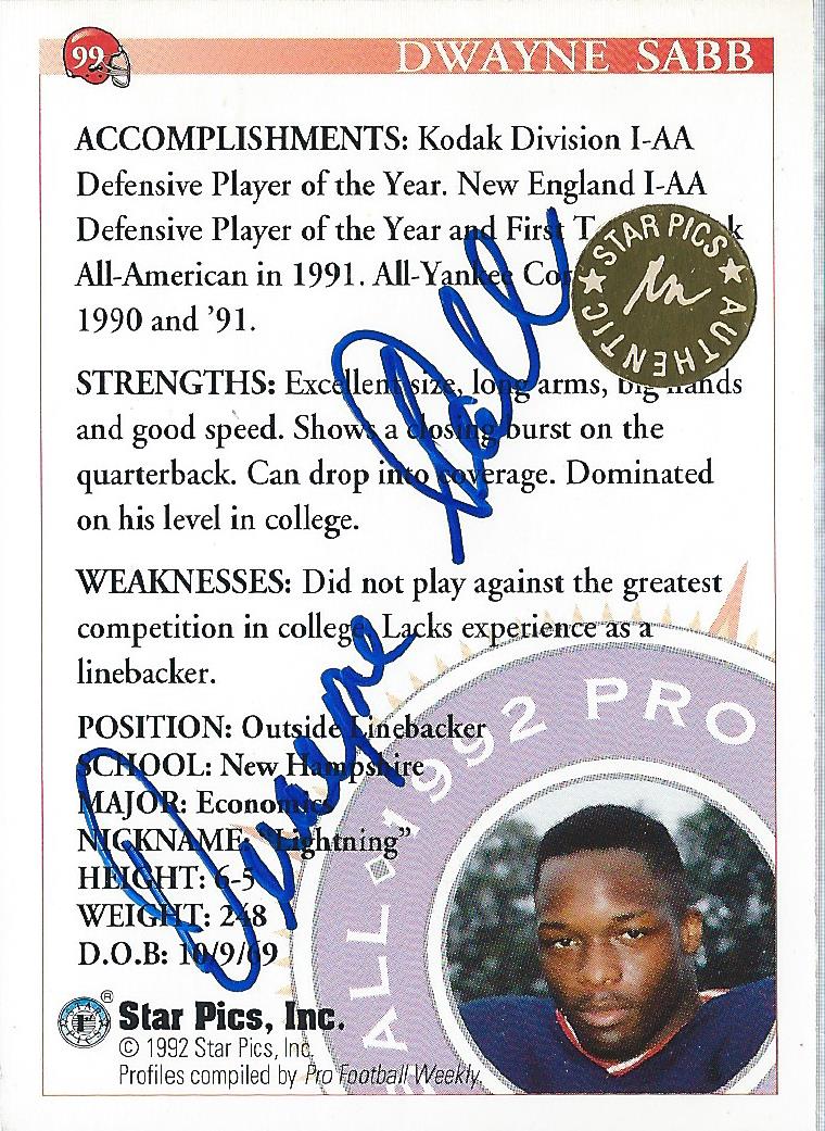 1992 Star Pics Autographs #99 Dwayne Sabb back image