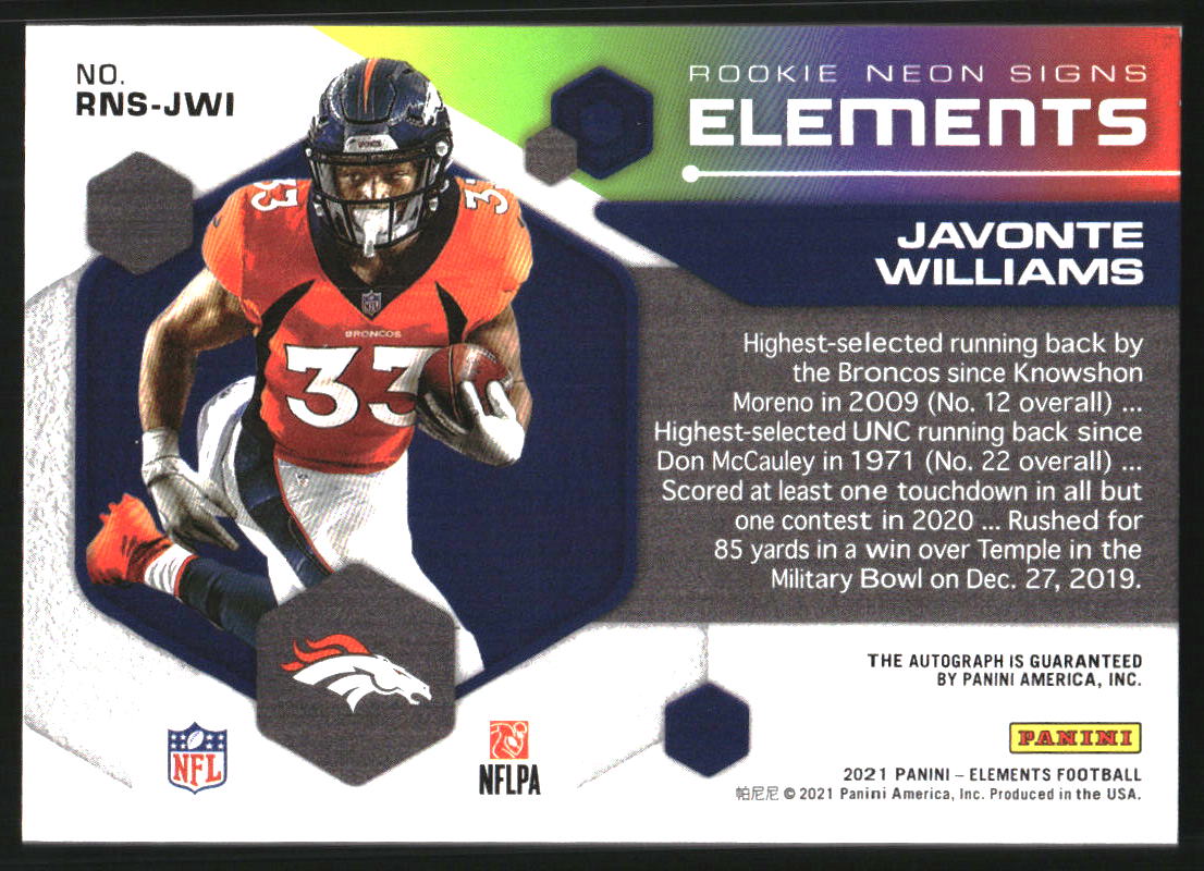 2021 Panini Elements Rookie Neon Signs Blue #25 Javonte Williams/75