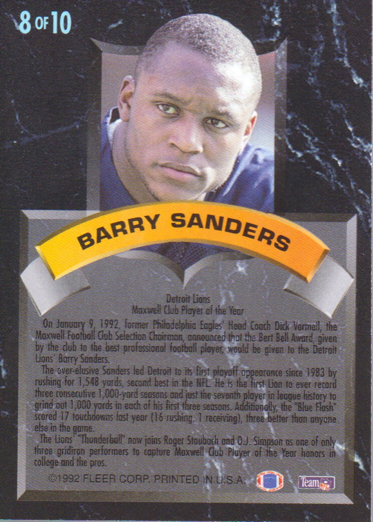 1992 Ultra Award Winners #8 Barry Sanders back image