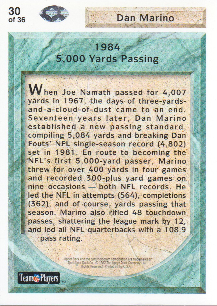 1992 Upper Deck Dan Marino Heroes #30 Dan Marino 5000 YD. back image