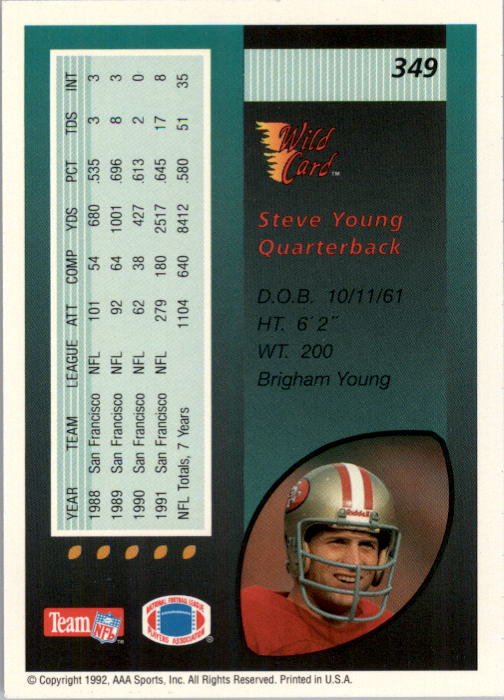 1992 Wild Card #349 Steve Young back image