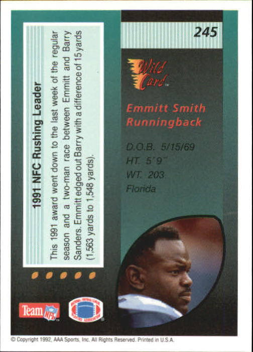 1992 Wild Card 5 Stripe #245 Emmitt Smith LL back image