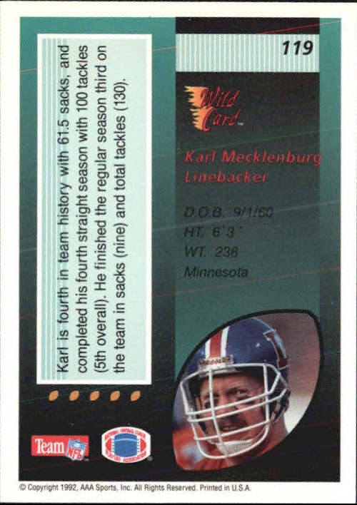 1992 Wild Card 20 Stripe #119 Karl Mecklenburg back image
