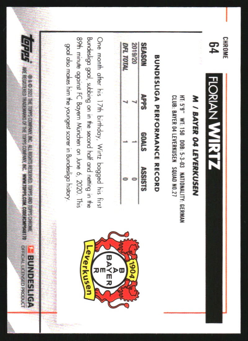 2020-21 Topps Chrome Sapphire Bundesliga #64 Florian Wirtz