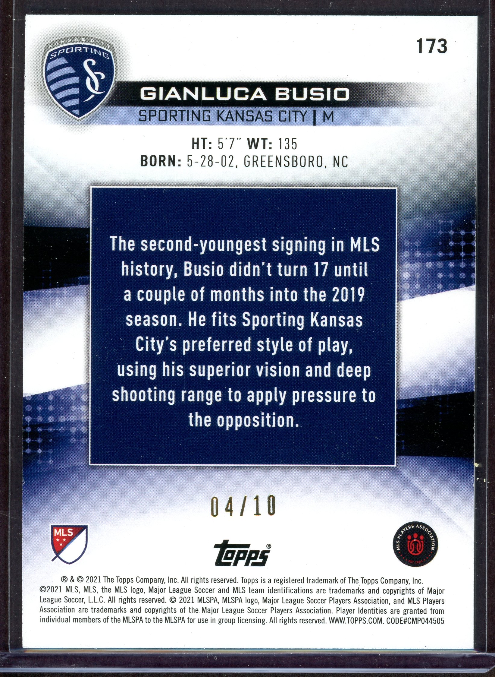 2021 Topps MLS Black Ice #173 Gianluca Busio U22 back image