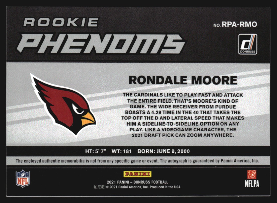 2021 Donruss Rookie Phenom Jersey Autographs #20 Rondale Moore back image