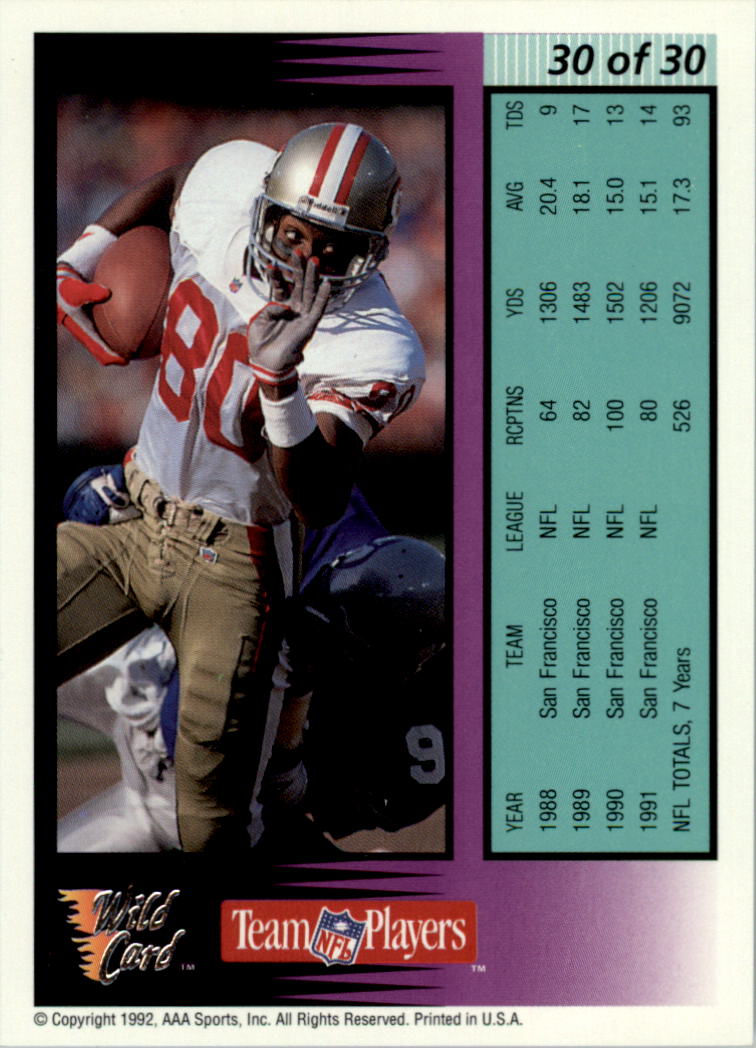 1992 Wild Card Field Force Silver #30 Jerry Rice back image