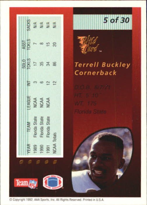 1992 Wild Card Red Hot Rookies Gold #5 Terrell Buckley back image