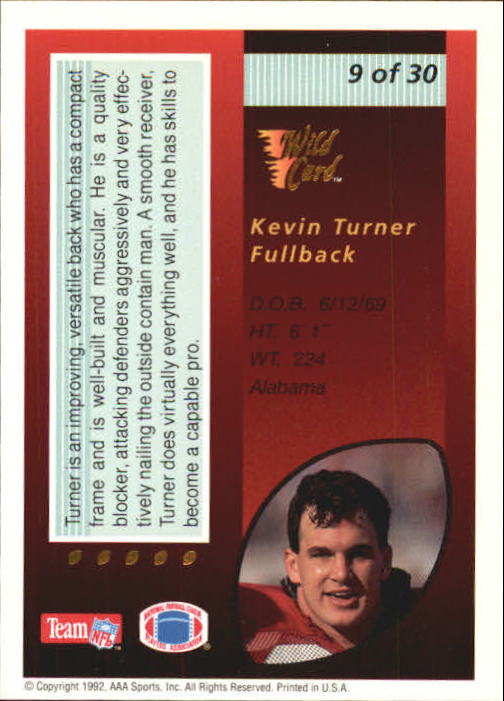 1992 Wild Card Red Hot Rookies Gold #9 Kevin Turner back image