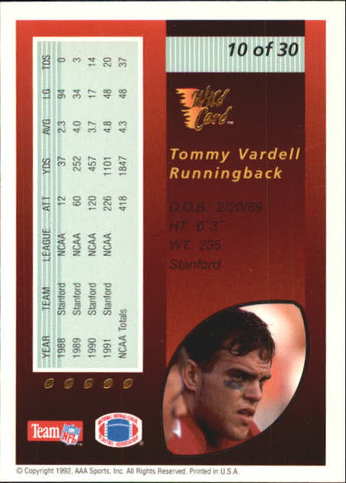 1992 Wild Card Red Hot Rookies Gold #10 Tommy Vardell back image