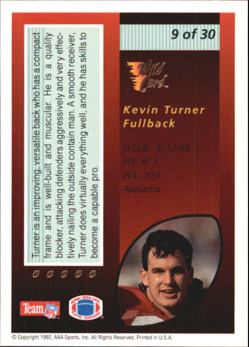 1992 Wild Card Red Hot Rookies Silver #9 Kevin Turner back image