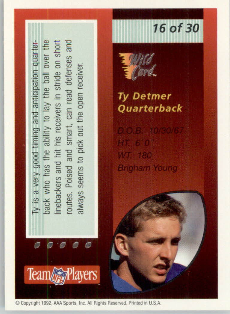 1992 Wild Card Red Hot Rookies Silver #16 Ty Detmer back image