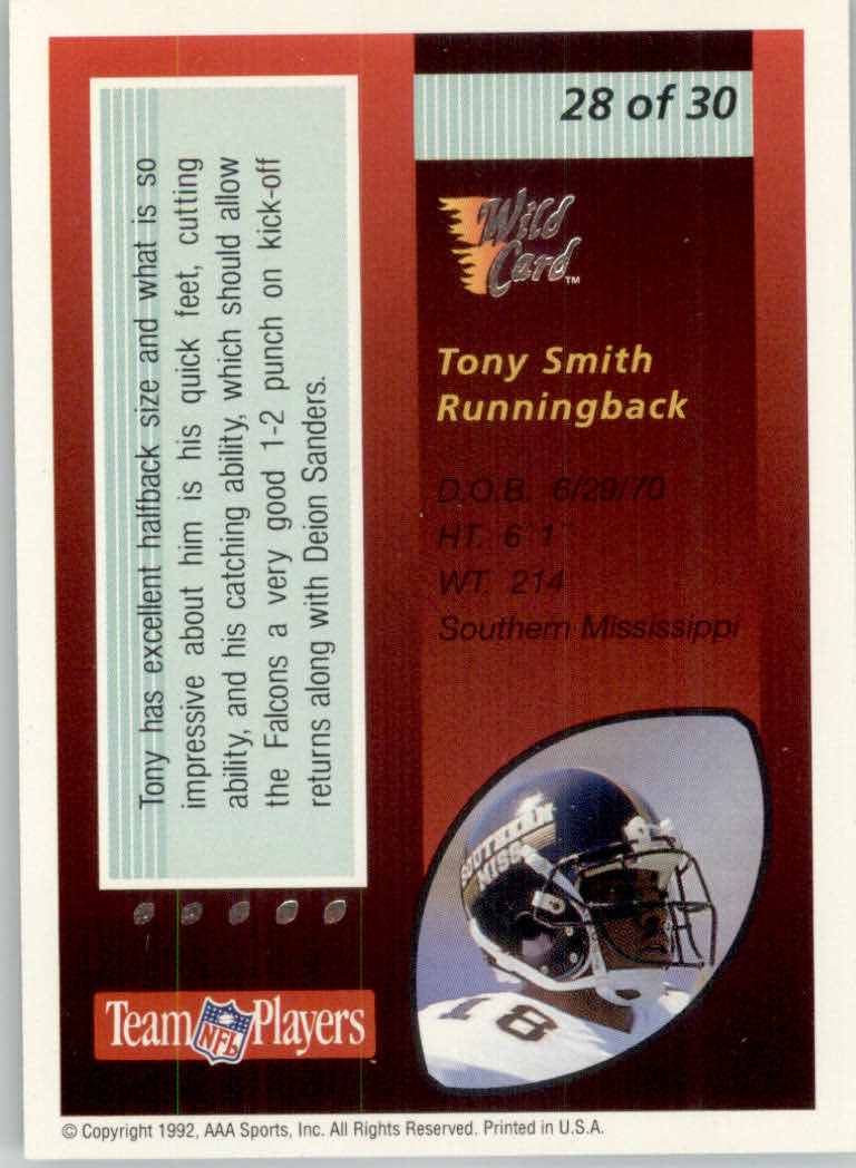 1992 Wild Card Red Hot Rookies Silver #28 Tony Smith RB back image