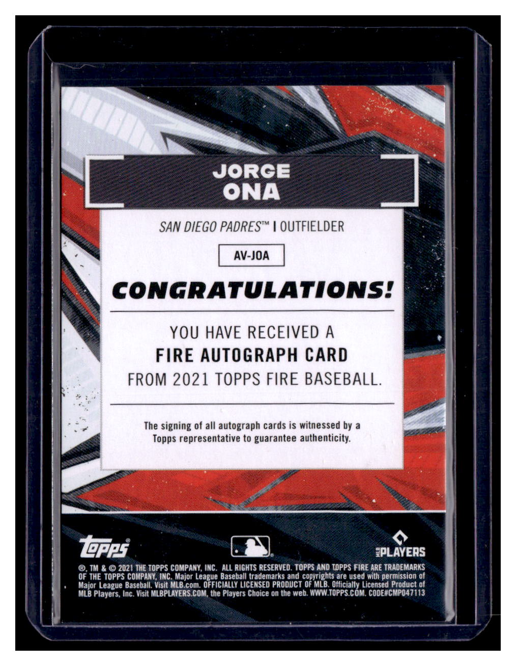 2021 Topps Fire Autograph #AVJOA Jorge Ona Auto ROOKIE CARD PADRES