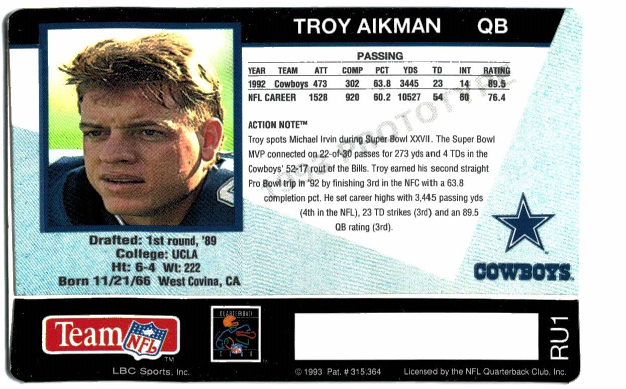 1993 Action Packed 1st Round Prototype Troy Aikman Card #RU1