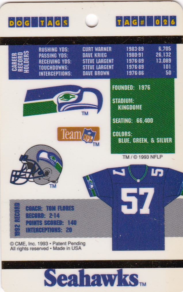 1993 Dog Tags #26 Seattle Seahawks back image